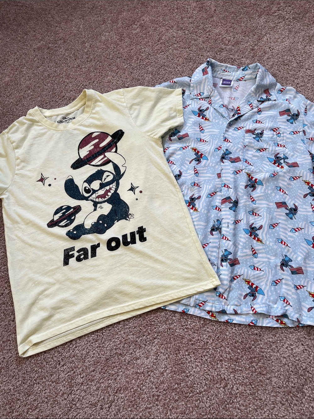 Disney Lilo & Stitch Pale Yellow Graphic Tee and blue shirt